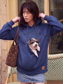 Wajib Dimiliki Bagi Pemilik Hewan Peliharaan, Hoodie Wanita Kasual Berbahan Fleece dengan Resleting dan Tali Serut, Potongan Longgar untuk Pakaian Sehari-hari, Musim Gugur dan Musim Dingin, Busana Musim Dingin - Navy Blue - View 2