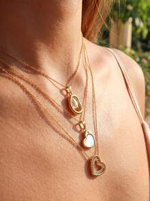 1pc Gold Tone Layered Pendant Necklace, Teardrop & Heart Shape Shell Inlaid Dainty Stackable Necklace For Women Daily Vacation Jewelry Gift - Gold - View 2