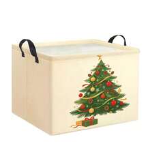 1PC Christmas Tree Bauble & Gift Box Printed Square Storage Bin With Handles, Collapsible Fabric Home Organizer - Beige - View 3