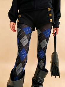 1 Pair Vintage Diamond Checkered Women's 80D Medium Thickness Tights, Shaping, Slimming, Warm, Vintage Colorful Diamond Checkered Pattern Slimming Striped Colorblock Opaque Tights, Suitable For Spring And Autumn - Multicolor - View 6