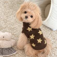 1pc Brown Star Print Knit Pet Turtleneck Sweater, Soft Warm Winter Vest Clothing, Suitable For Small Dogs And Cats, Pet Daily Wear - Coffee Brown - View 5