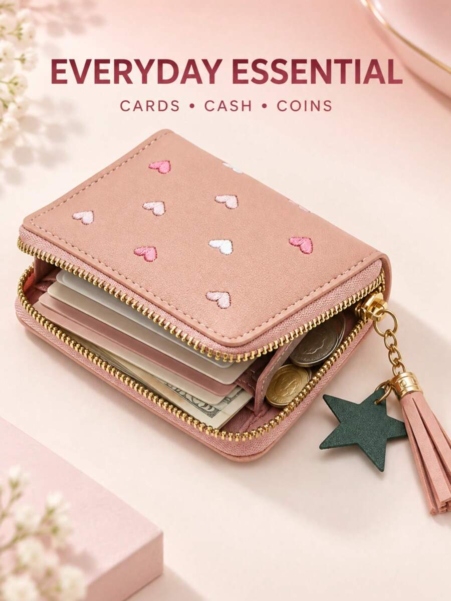 Dompet Pendek Wanita dengan Rumbai, Tempat Kartu Kredit dengan Resleting Lucu, Dompet Bordir Hati Minimalis yang Modis, Gantungan Kunci, Hadiah Kembali ke Sekolah