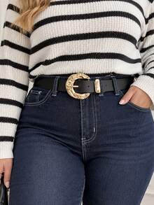 Asymmetrical Metal Buckle Belt, Geometric Retro Minimalist Belt, Leopard Print Street Style Belt, Waist Cincher - Black - View 1