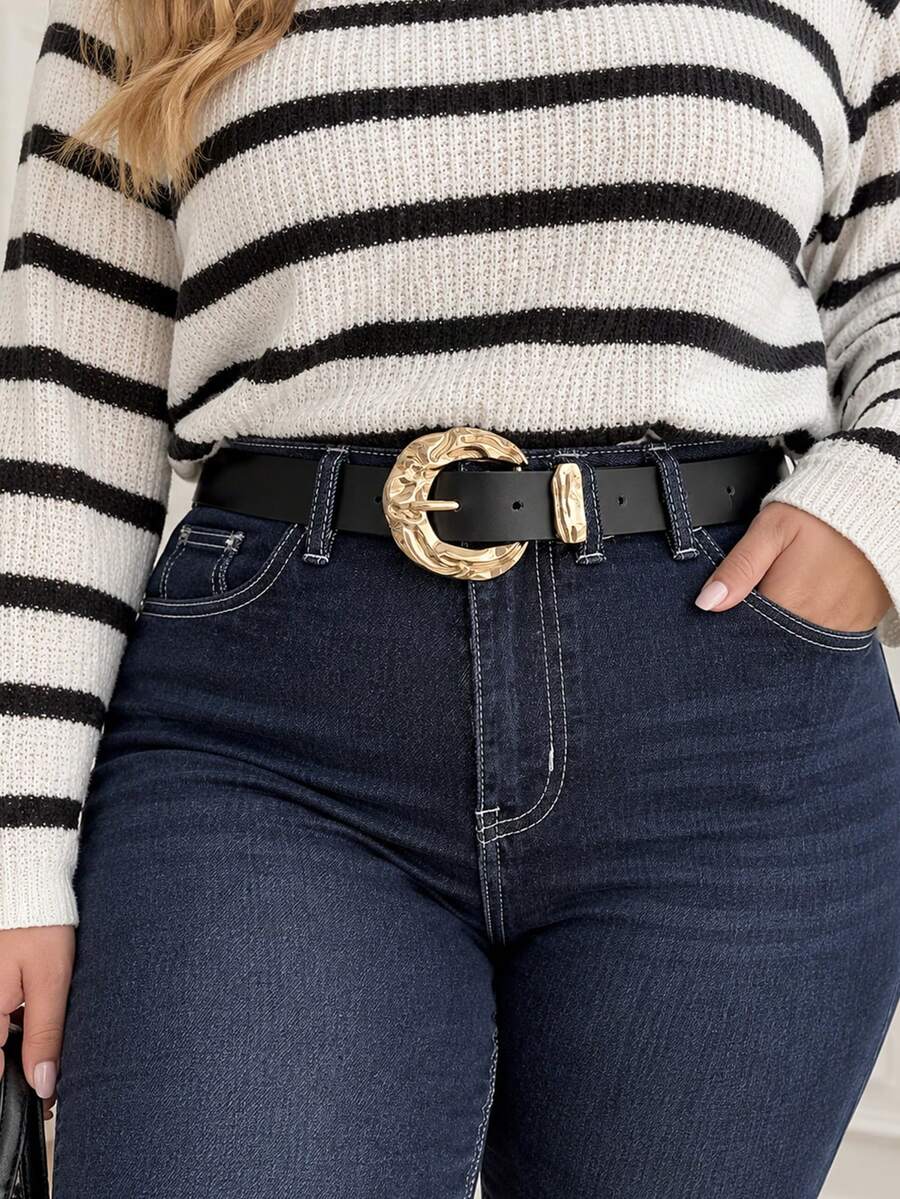Asymmetrical Metal Buckle Belt, Geometric Retro Minimalist Belt, Leopard Print Street Style Belt, Waist Cincher - Black - View 1