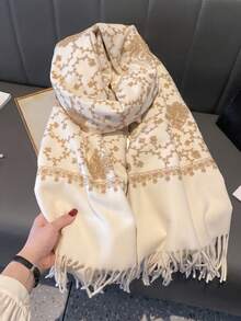1件仿羊絨佩斯利花卉植物刺繡柔軟圍巾，厚實保暖披肩斗篷，適合女性，秋冬季，波希米亞風，旅行，流蘇刺繡，適合作為女性和媽媽的禮物 - 米色 - 查看 4