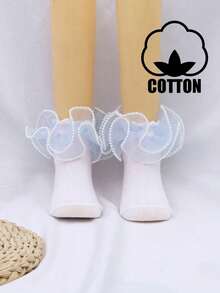 1 par de calcetines de tobillo de algodón para niñas con volantes de encaje y perlas de unicolor para baile - Azul - Ver 6
