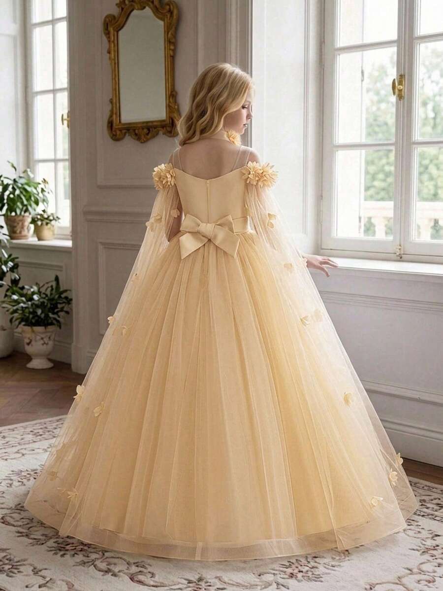 Tween Girls Sleeveless Cape Mesh 3D Floral Elegant Long Ball Gown Princess Dress Suitable For Girls Birthday Party Evening Gala Prom Wedding Flower Girl Bridesmaid Outfit - Champagne - View 1
