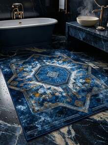 1PC Deep Blue & Gold Vintage Symmetrical Totem Retro Luxury Crystal Velvet Rectangular Area Rug, Distressed Mottled Artistic Details, Machine Washable, Suitable For Living Room, Bedroom Home Decor, All Seasons, Aesthetic Home Decoration - Multicolor - View 2