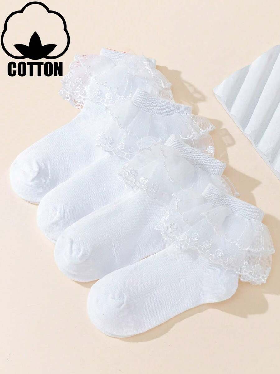 4 双女童白色多层蕾丝边踝袜，公主款和芭蕾款 - 白色 - 查看 1