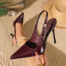 Women's Fashion Pointed Toe Stiletto High Heel Slingback Sandals, Slimming Commute & Party Heels - Burgundy - View 3