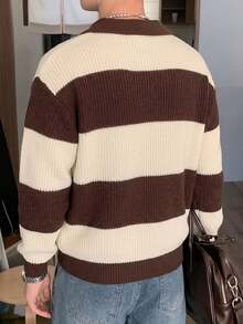 Teen Boys American Retro Colorblock Brown & White Striped Sweater, Loose Fit Drop Shoulder Collared Button-Up Knit Top - Brown - View 2