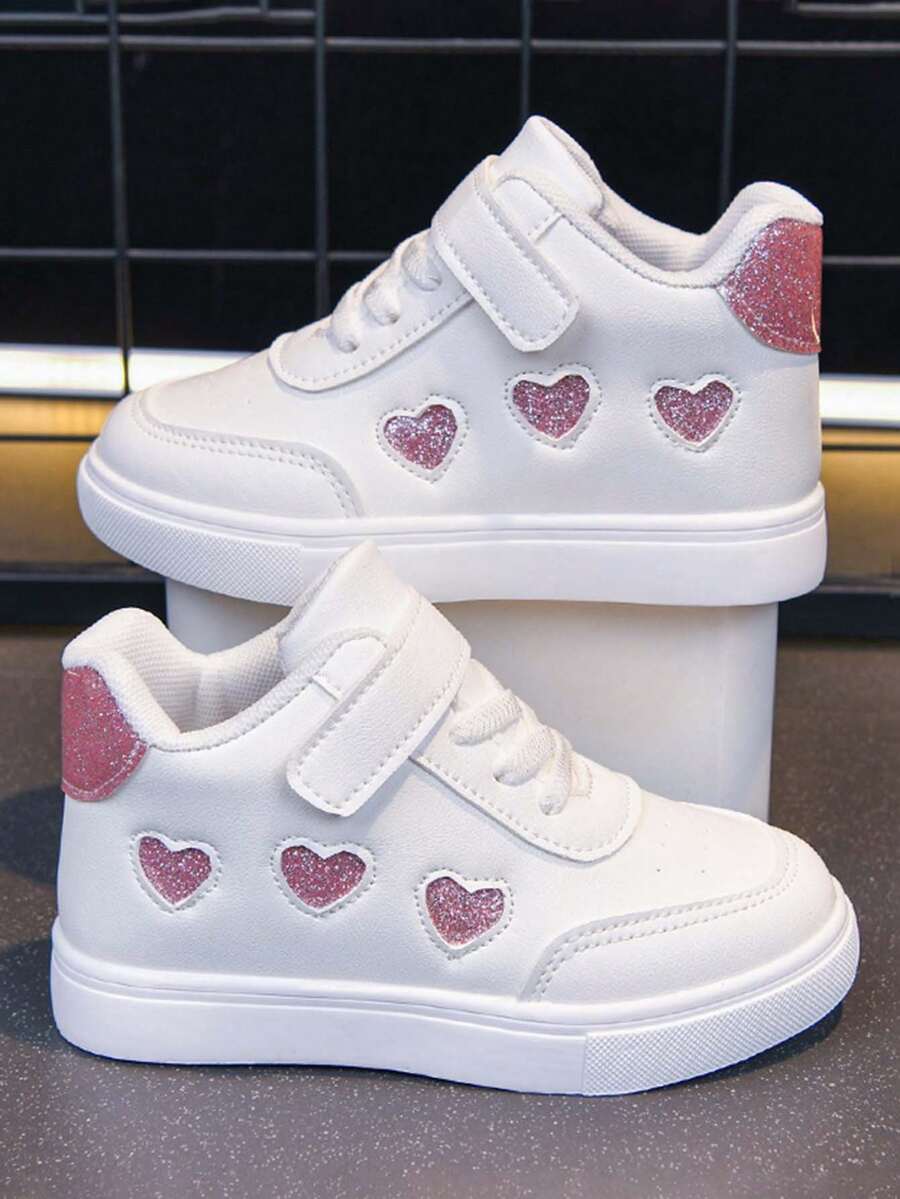 Girls' High-Top White Sneakers With Glitter Heart Hook And Loop Closure, Soft Sole Anti-Slip Casual Sports Shoes For Spring And Autumn - White - View 1