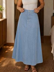 Women's Vintage Blue Striped Denim Maxi Skirt, Casual Straight Fit, Button Detail Design, Non-Stretch Fabric, Suitable For Daily Wear - Light Wash - View 3