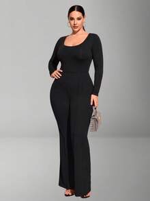 1 buah Jumpsuit Rajut Tanpa Jahitan Lengan Panjang Ukuran Plus Wanita, Pakaian Dalam Lapisan Dasar Pembentuk Tubuh Ringan, 0XL-4XL - Hitam - View 6