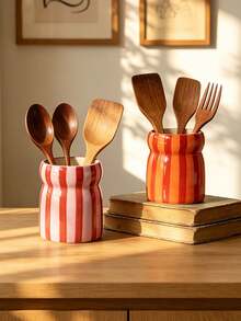 1pc Hand-Painted Dual-Color Striped Ceramic Storage Jar, Kitchen Utensil Organizer, Home Living Room Dining Table Tableware Storage Bucket, Chopsticks Spoon Fork Holder, Home Decor Ornament, Holiday Gift For Family And Friends - Multicolor - View 11