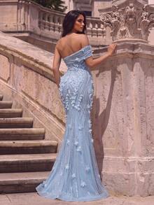 Gaun Panjang Model Duyung Elegan Tanpa Tali Bahu Terbuka dengan Aplikasi Bunga Berpayet dan Belahan Tinggi, Cocok untuk Fotografi, Liburan Pantai, Resor, dan Acara Prom - Dusty Blue - View 4