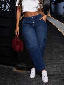 Women's Vintage Loose Denim Jeans With Button Decor And Cargo Pockets, Long Casual Non-Stretch Tapered Leg - Blue - View 1