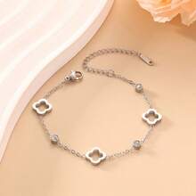 1pc Gold Stainless Steel Floral Design Fashionable Bracelet For Women - Gold - View 7