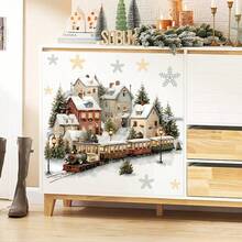 1Pc Christmas Window Stickers, Watercolor Winter Village Town Window Decals, Self-Adhesive Wall Stickers For Kids Room Home Xmas Party Glass Decor - Multicolor - View 9
