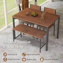 Juego de mesa de comedor para 4 personas, mesa de cocina con banco y sillas, juego de comedor industrial con marco de metal y estante de almacenamiento, para reuniones familiares, cenas diarias y espacios pequeños, color marrón - Marrón - Ver 8