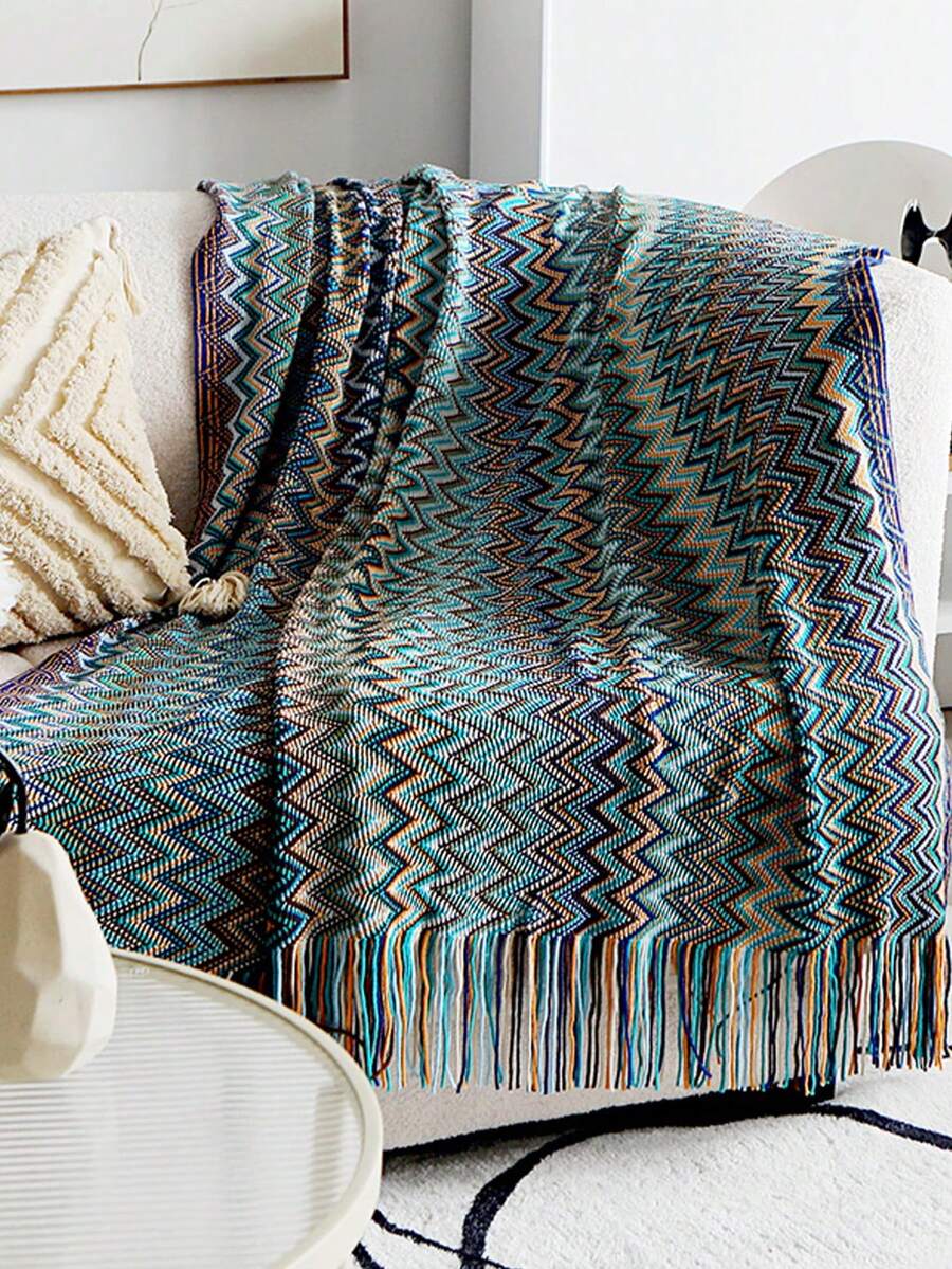 1pc Knitted Blanket For Bed, Office, Air-conditioned Room, Sofa, Car Or Nap Cover - Blue - View 1