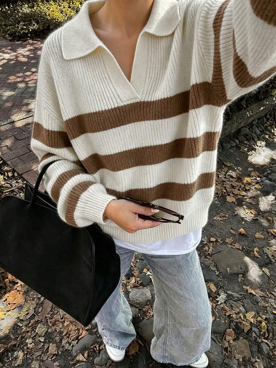 女款秋冬條紋長袖休閒寬鬆針織毛衣,適合聚會秋季穿搭 - 駝杏色 - 查看 1