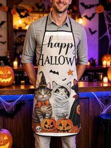 1pc/2pcs/4pcs Spooky Cute Halloween Printed Apron, Pumpkin Lantern Ghost Black Cat Spiderweb Bat Autumn Leaf Design, Adjustable Halter Neck Cooking Apron, Polyester Lightweight Apron, Halloween Party Decor, Chef Apron For Baking & Pumpkin Carving - Multicolor - View 3