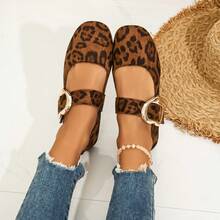 Women's Vintage Leopard Print Mary Jane Flats, Round Toe Heart-Shaped Buckle Strap Design, Lightweight Soft Sole, Versatile Casual Shoes - Leopard Print - View 3