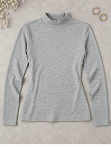 Camiseta de Capa Base de Cuello Semi-Alto para Mujer, Estilo Otoño-Invierno, Manga Larga Ajustada, Varias Opciones de Color - Gris - Ver 5