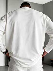 Men's White Vertical Stripe Deconstructed Design Crew Neck Long Sleeve T-Shirt, Breathable Knit Fabric, Regular Fit, Suitable For Daily Layering - White - View 6