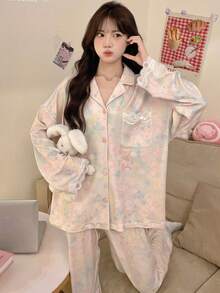 2pcs/Set Women's Pajamas Loungewear Set, Cardigan Lapel Minimalist Random Print Long Sleeve Long Pants, Suitable For All Seasons - Multicolor - View 11