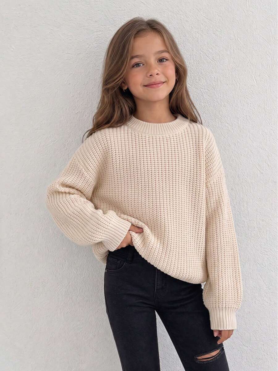 1pc Girls' Crew Neck Chunky Knit Sweater, Loose Lantern Long Sleeves, Ribbed Cuffs, Soft All-Match Versatile Style - Apricot - View 1