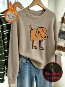Pull décontracté grande taille pour femme à col ras-du-cou en fausse maille avec imprimé graphique de chiot – Un Top élégant et polyvalent pour l'automne/hiver, l'extérieur et le port quotidien - Camel - Voir 4
