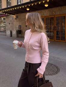 Elegant Intellectual Solid Color Button-Up Cardigan For Women, Suitable For Holiday, Travel, Date, Autumn/Winter - Pink - View 1