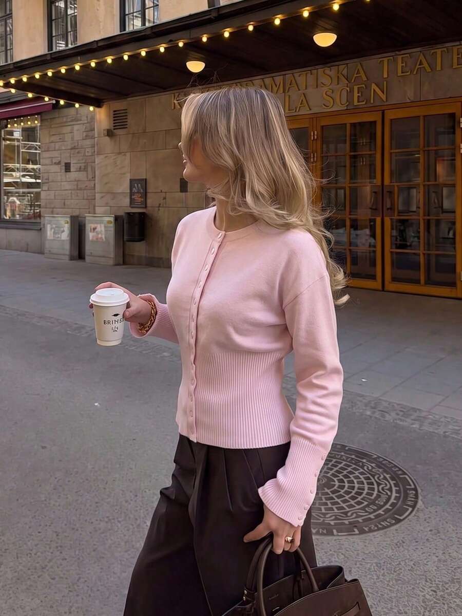 Elegant Intellectual Solid Color Button-Up Cardigan For Women, Suitable For Holiday, Travel, Date, Autumn/Winter - Pink - View 1