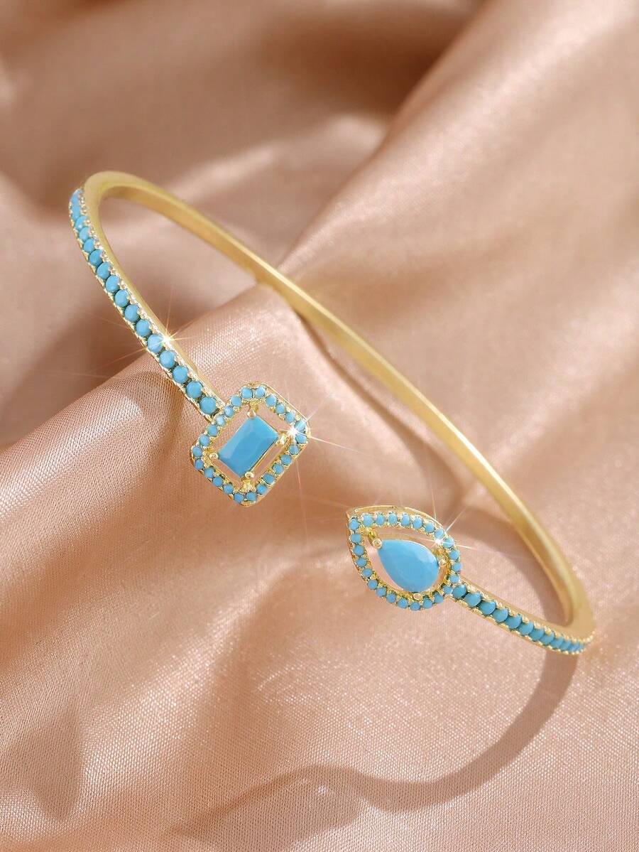 rakol 1pc Luxury Rhombus Water Drop Inlaid Blue-Green Synthetic Stone Open Bangle Bracelet, Suitable For Women's Daily Commute Layering Accessory