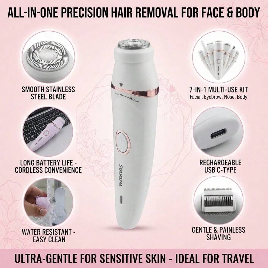 ICEWLESS 7 In 1 Electric Lady Shaver, Painless Full Body Hair Remover Kit For Women, Facial Eyebrow Leg Bikini Trimmer, Waterproof USB Rechargeable Grooming Tool - View 1