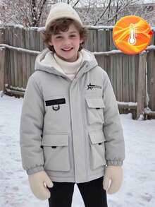 Boys' Winter Casual Fashion Streetwear Warm Padded Coat With Patch Print, Utility Webbing And Pockets - Beige - View 3