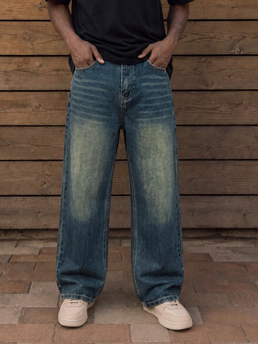 HEHCN Men's Distressed Vintage Blue Loose Straight Leg Casual Jeans, Wide-Leg Pants, Suitable Gift For Husband Or Boyfriend - Blue - View 1