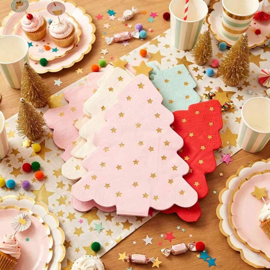 16pcs Christmas Tree Shaped Napkins, Gold Star Disposable Paper Napkins, Multi-Color Christmas Party Table Decor Napkins - Christmas Style - View 1