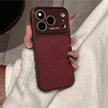 Luxury Lychee Texture Faux Leather Large Window Phone Case, Compatible With 17 Pro Max, 17 Pro, 17, 16 Pro Max, 16 Pro, 15 Pro Max, 15 Pro, 13 Pro Max, 14 Pro, 16, 15, 14, 13, Lens Protection, Shockproof Back Cover - Retro Red - View 3