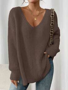 Autumn New Arrival Leisure Trip Dating Plus Size Friendly Hollow Loose Hide Fat Off Shoulder Long Knit Sweater [Back To School Season] - Coffee Brown - View 5