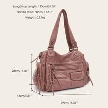 STEPHIECATHY Solid Color Washed Soft PU Faux Leather, Zipper Closure, Multi-Pocket Design, Dual Short Shoulder Straps, Adjustable Waist Belt, Unisex, Retro Casual Practical, Suitable For School & Daily Commute - Dusty Pink - View 7