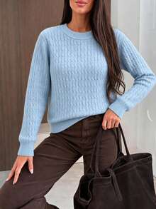 Roviva Women's Autumn Elegant Casual Commute Round Neck Cable Knit Sweater Top, Suitable For Party, Gathering, Holiday, Birthday Party, Work Commute - Blue - View 5
