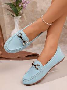 Sepatu Loafer Slip-On Serbaguna Wanita Warna Biru Muda dengan Desain Kacang - Cadet Blue - View 6