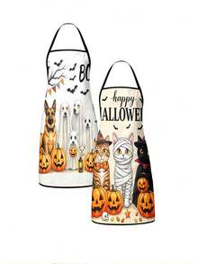1pc/2pcs/4pcs Spooky Cute Halloween Printed Apron, Pumpkin Lantern Ghost Black Cat Spiderweb Bat Autumn Leaf Design, Adjustable Halter Neck Cooking Apron, Polyester Lightweight Apron, Halloween Party Decor, Chef Apron For Baking & Pumpkin Carving - Multicolor - View 1