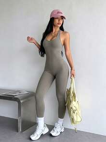 Women's Solid Color Halter Backless Sports Jumpsuit - Grey - View 6