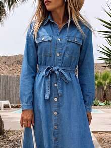 Women's Casual Blue Denim Midi Shirt Dress, With Belt, Collared Long Sleeve Button-Front Design, Bohemian Style Autumn Essential Dress - Medium Wash - View 5