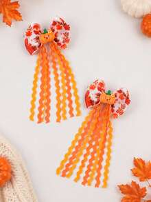 2PCS Thanksgiving Hair Bows For Girls, Pumpkin Leaf Barrettes With Curly Tails, Adorable Fall Hair Accessories For Kids Holiday Photo Props - Orange - View 5