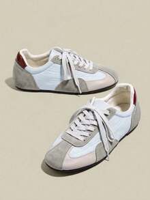 Women's Retro Colorblock German Trainer Sneakers, Lace-Up Flat Casual Sports Shoes, Versatile Style,Back To School - Blue - View 3